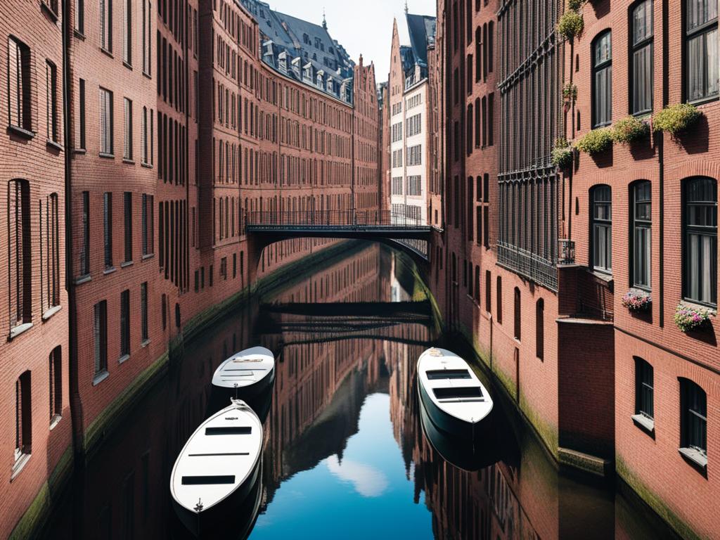 lost in hamburg's canals - create an artwork that portrays the labyrinthine canals of hamburg's speicherstadt, evoking a sense of wonder. 