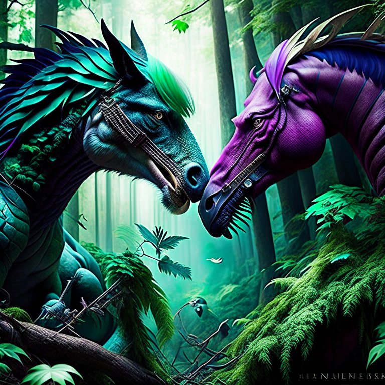 hippogriff vs basilisk - mythical creatures clash in a lush enchanted forest, talons and venomous breath locked in a deadly duel. 