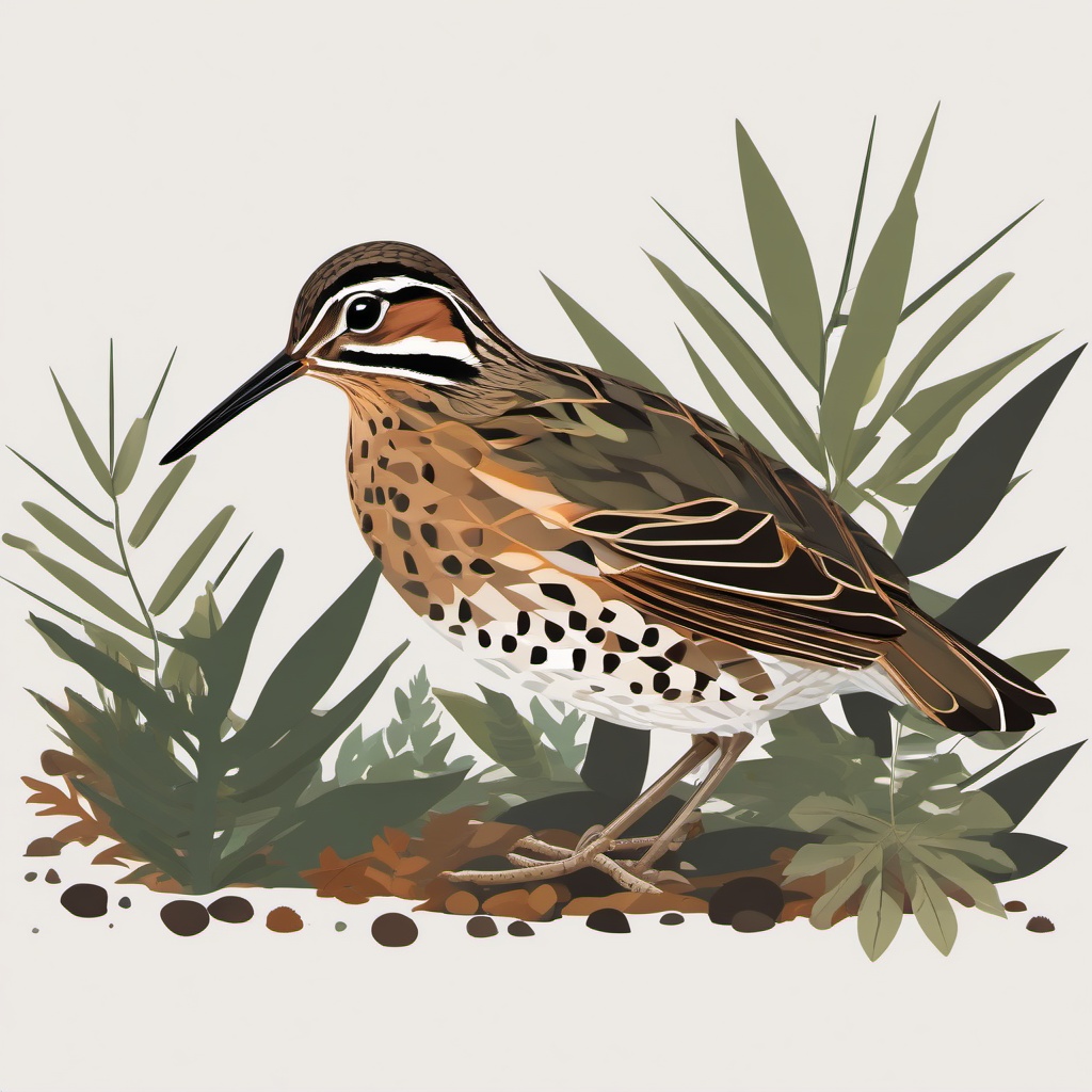 Woodcock Clipart - Woodcock bird camouflaged on a forest floor , minimal, 2d