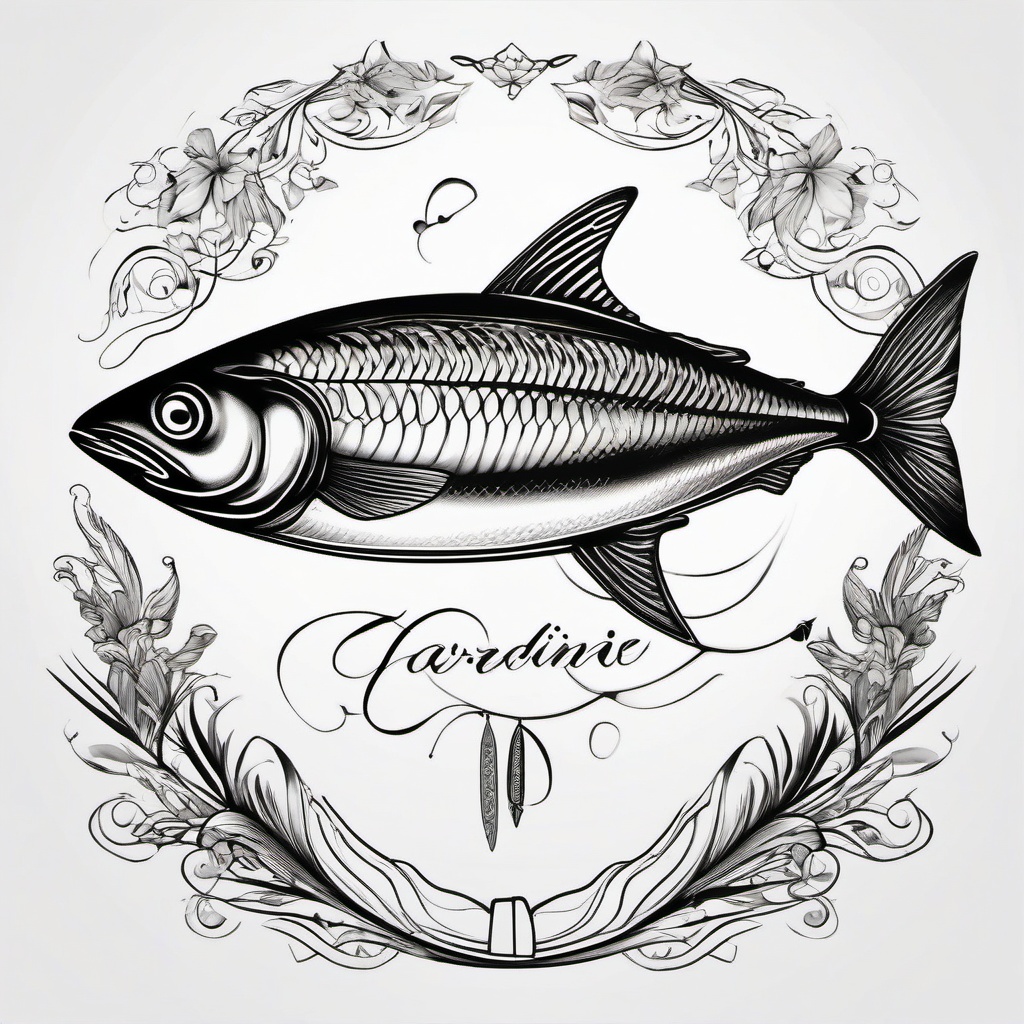 Sardine Tattoo,a unique and imaginative tattoo featuring a sardine, a symbol of unity and interconnectedness. , tattoo design, white clean background