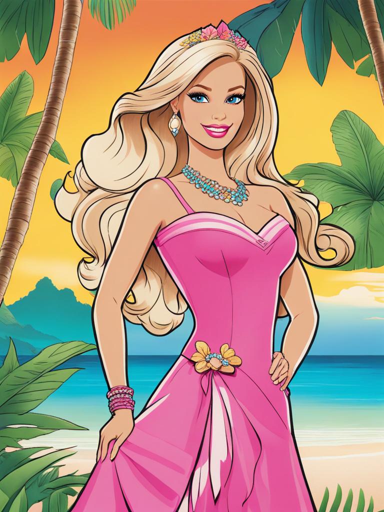 barbie coloring pages - barbie goes on a tropical adventure on a beautiful island. 