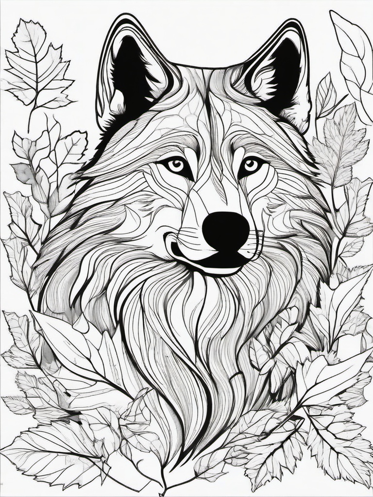 Wolf in Autumn Coloring Pages - Wolf Among Colorful Autumn Leaves  minimal black outline printable sheet, coloring page