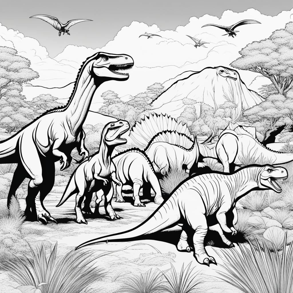 dinosaur coloring pages - a group of herbivore dinosaurs grazes peacefully. 