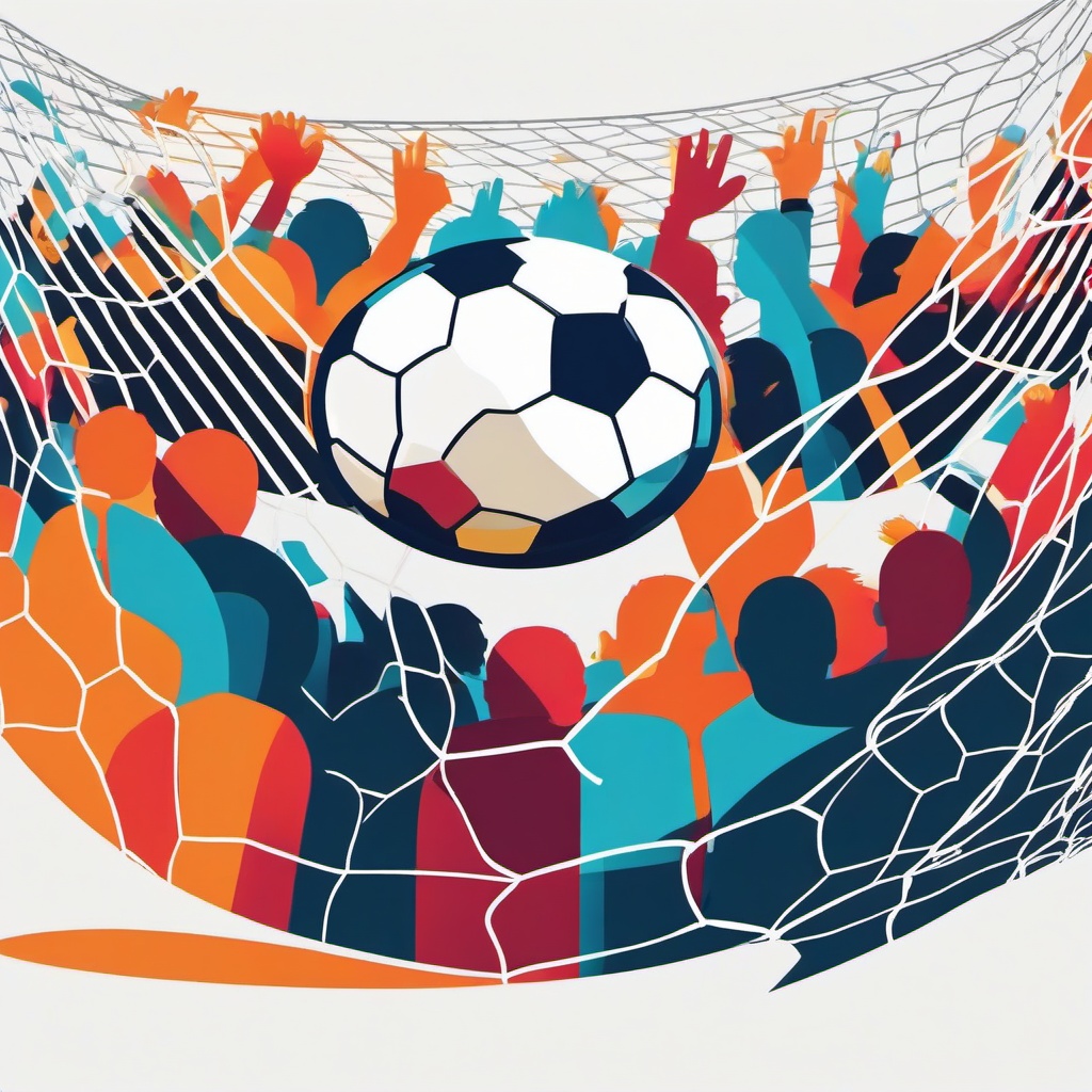 Soccer clipart - soccer ball in a net with cheering fans  color,minimalist,vector clipart