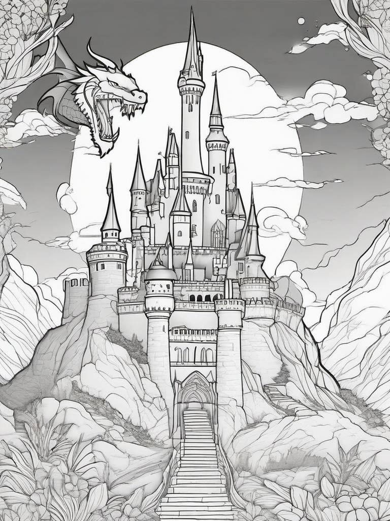 Dragon and Castle Coloring Pages - Guardian of the Enchanted Castle  minimal black outline printable sheet, coloring page