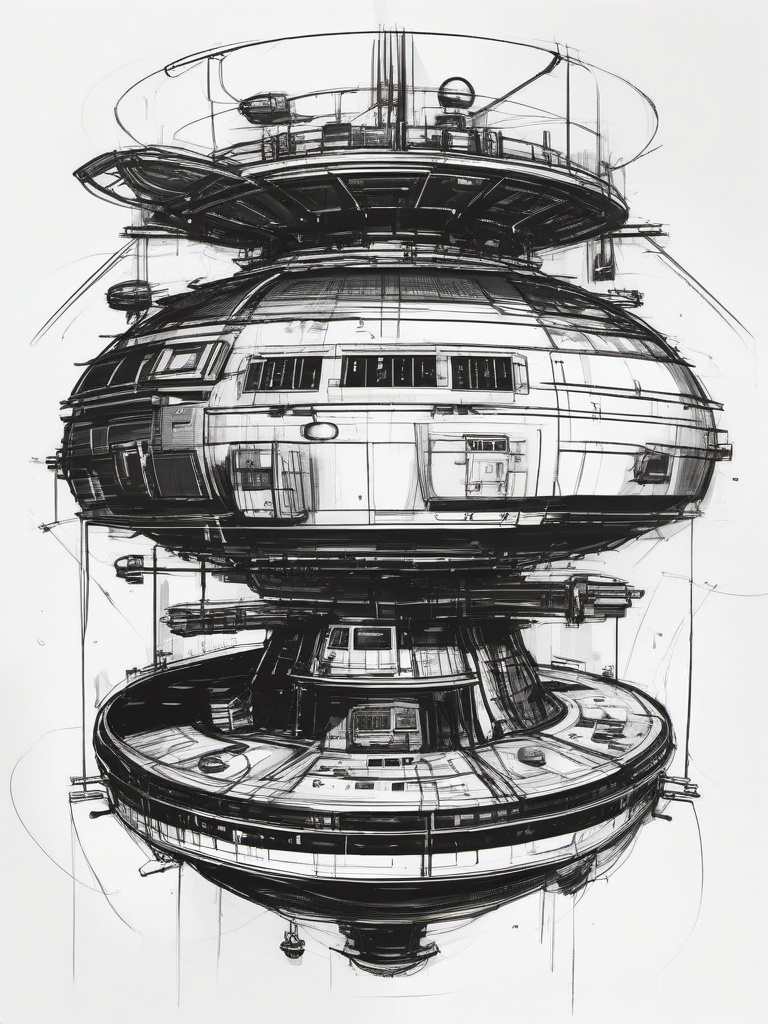 drawing of a space station  minimal rough sketch scribbles,doodles,black and white