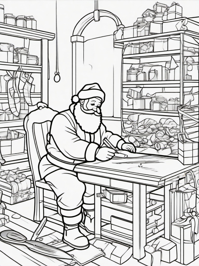 Santa in Toy Workshop Coloring Pages - Santa Hard at Work in His Workshop  minimal black outline printable sheet, coloring page