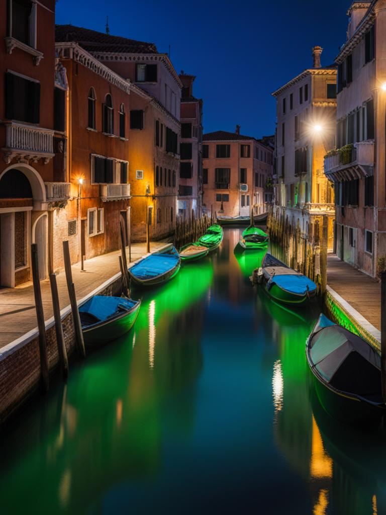 neon venice: canals illuminated by bioluminescent algae 