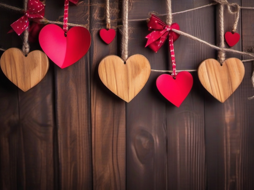 Valentines Day background - Rustic wooden heart decorations hanging on a string  aesthetic background wallpaper