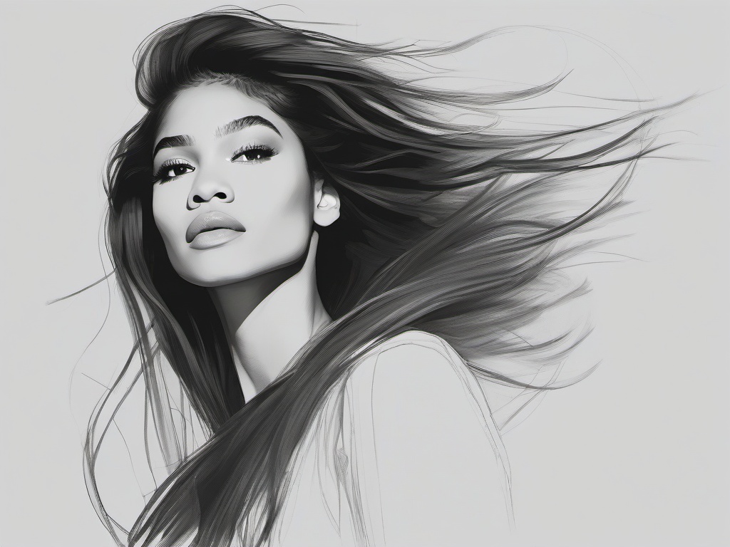 drawing of Zendaya with wind blowing through her hair  minimal rough sketch scribbles,doodles,black and white