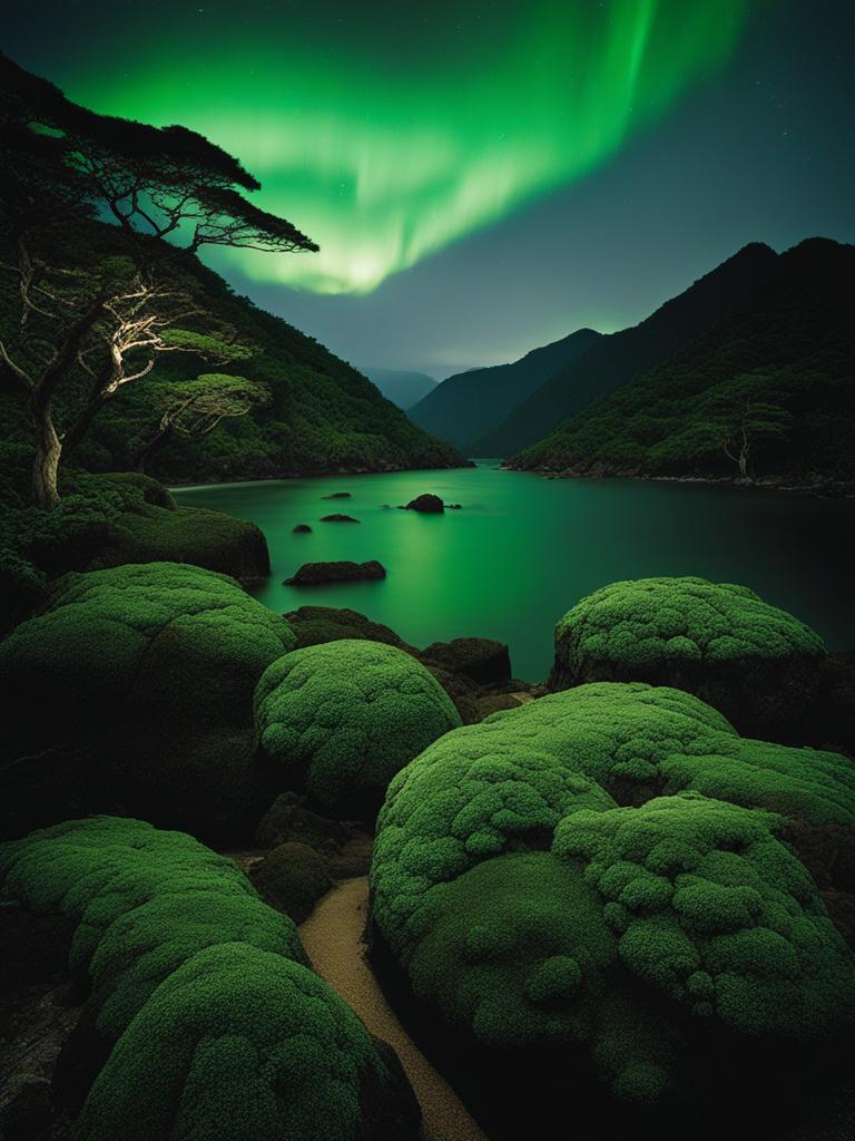 yakushima island - paint a mystical night scene of yakushima island's ancient cedar forests, with bioluminescent flora creating an otherworldly atmosphere. 