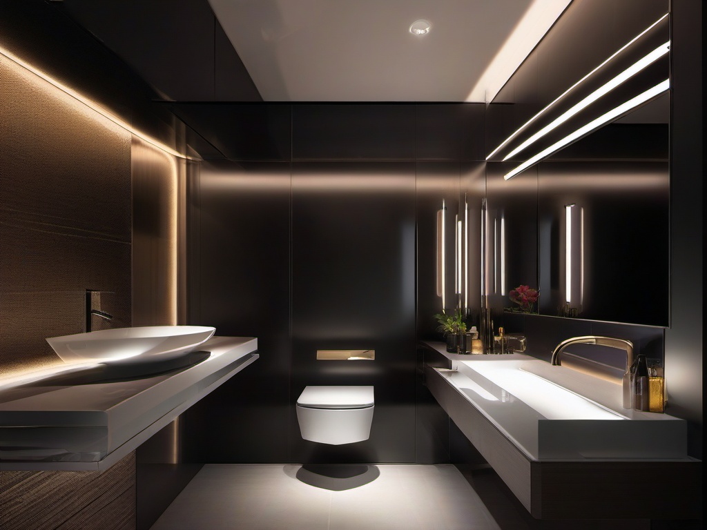 In the powder room, futuristic interior design includes high-tech fixtures, minimalist design, and ambient lighting that transforms a small space into a stylish and innovative experience.  