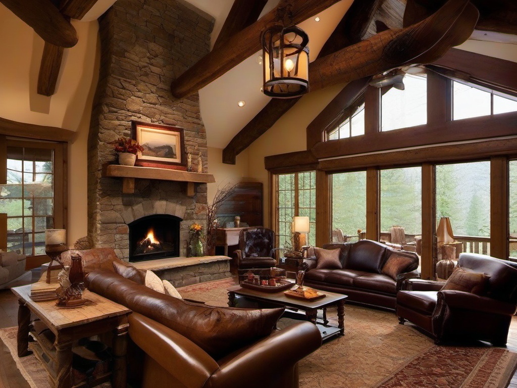 Rustic living room with exposed beams, a stone fireplace, and leather furniture creates a warm, natural ambiance.  