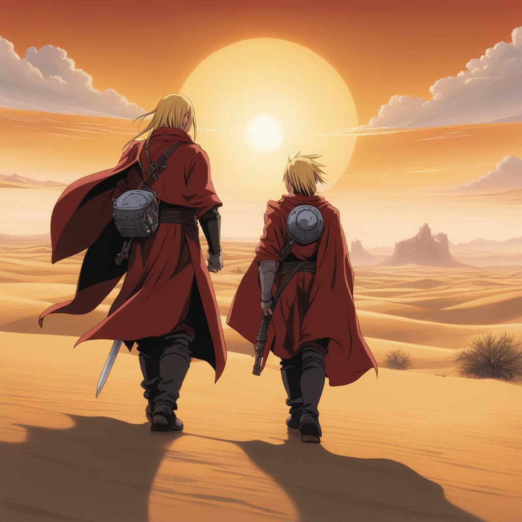 edward elric and alphonse journey through a vast desert, seeking the philosopher's stone. 