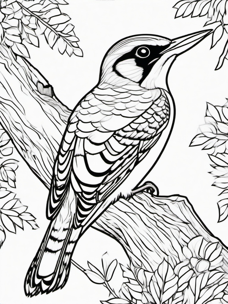 Woodpecker Coloring Page - Tree Drumming Bird  black outline printable coloring page