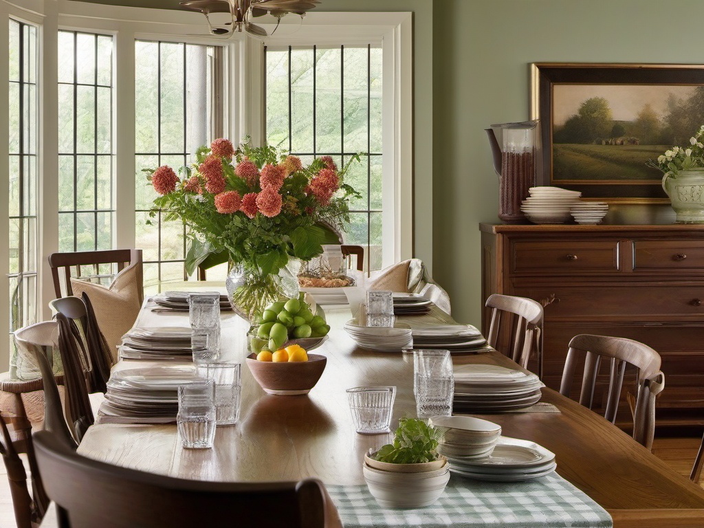 Country dining room embraces warmth and heritage with a solid wood farm table, heirloom china on display, and oversized windows that bring the beauty of nature indoors.  