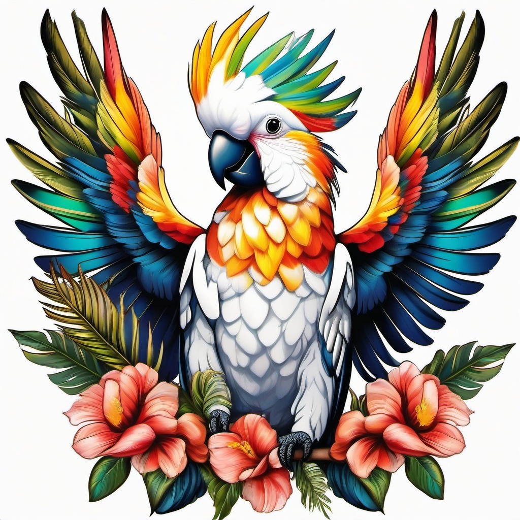 Cockatoo tattoo, Vibrant cockatoo tattoo, representing communication and expression. , tattoo color art, clean white background