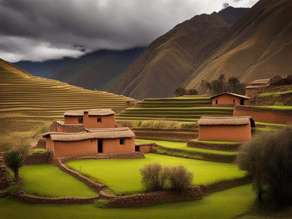 peruvian adobe houses, with earthy tones, blend into the landscapes of the sacred valley, peru. 