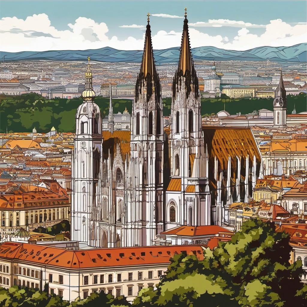 Vienna clipart - St. Stephen's Cathedral and Vienna cityscape, ,color clipart vector style