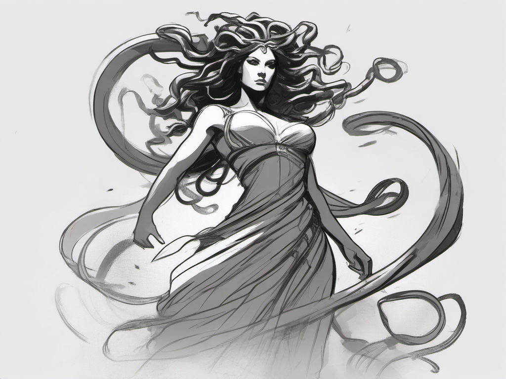 drawing of Medusa in a battle pose  minimal rough sketch scribbles,doodles,black and white