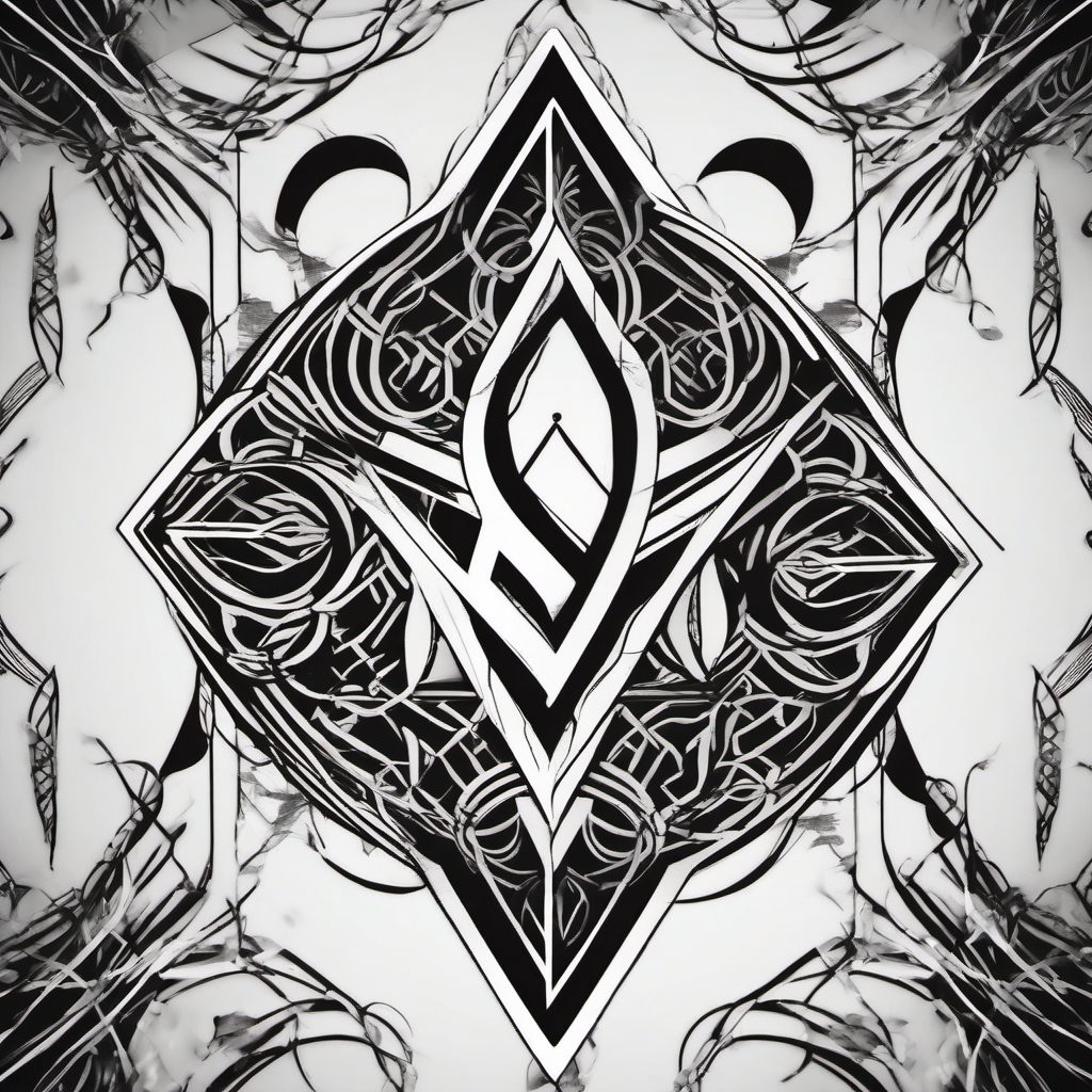 Runes intertwine, forming a hexed tattooed mark.  black and white tattoo style