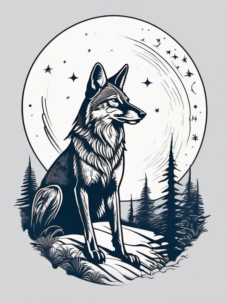 Coyote Tattoo - Crafty coyote on a moonlit night  few color tattoo design, simple line art, design clean white background