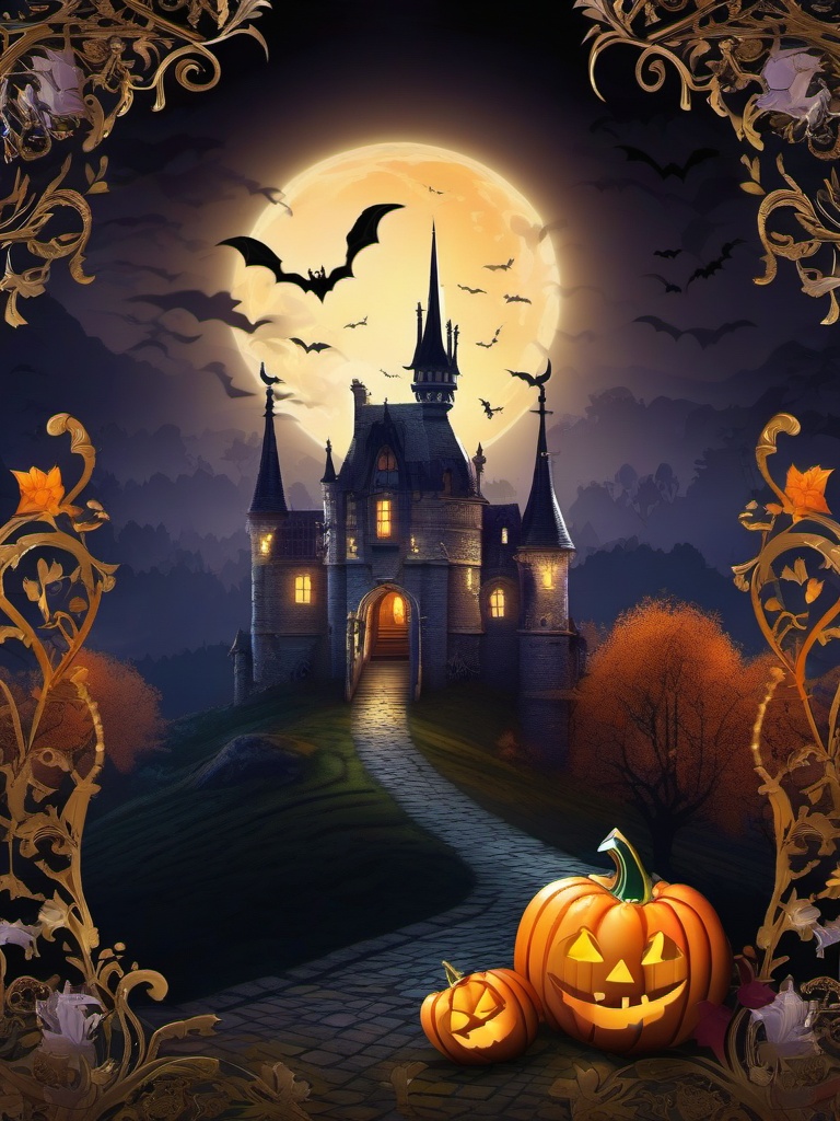 Halloween Desktop Wallpaper - Haunting Castle in Transylvania  wallpaper style, intricate details, patterns, splash art, light colors