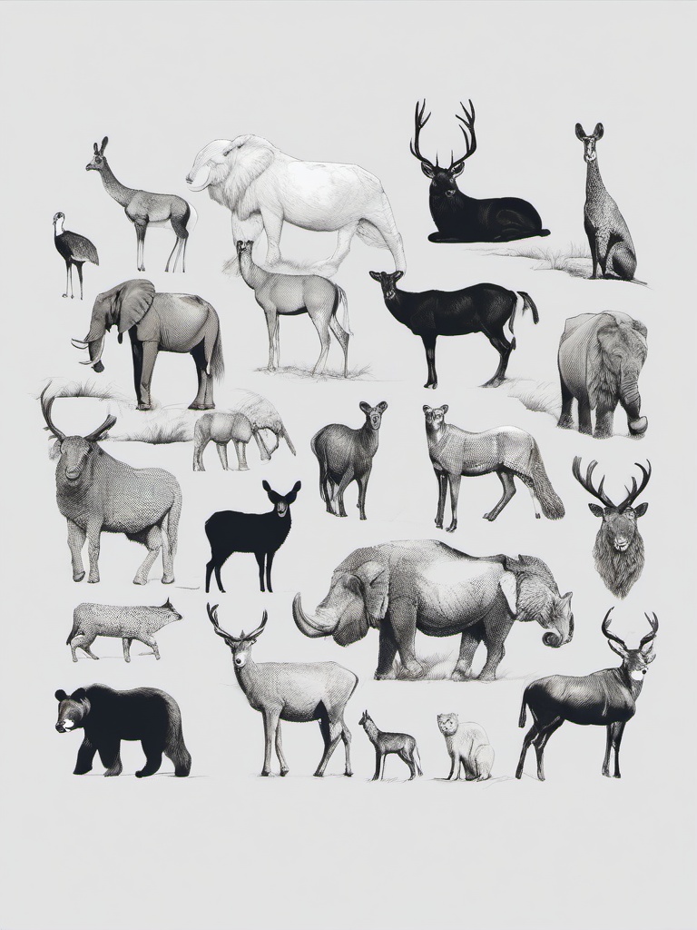 sketch of wild animals  minimal rough sketch scribbles,doodles,black and white