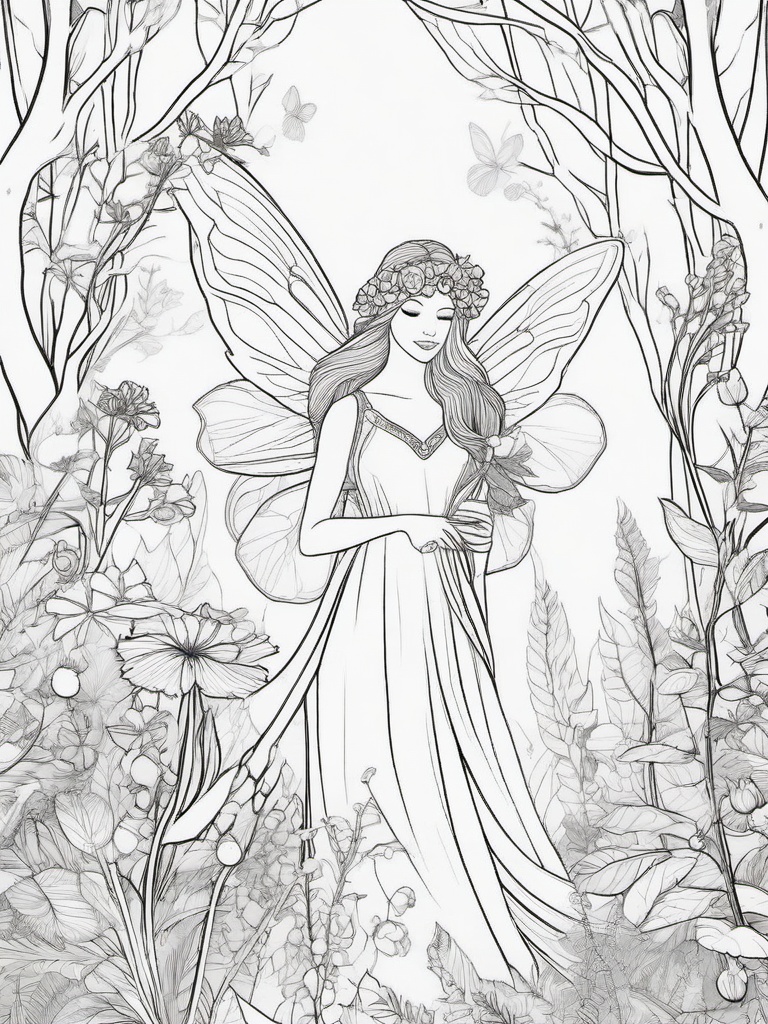 Fairy Gathering Magical Flowers Coloring Pages - Fairy Collecting Glowing Flowers in the Woods  minimal black outline printable sheet, coloring page