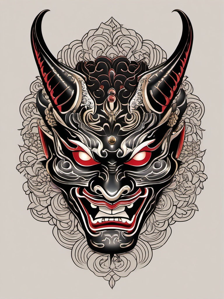 Hannya Mask Japanese Tattoo-Intricate and cultural tattoo featuring a Hannya mask in Japanese style, showcasing traditional and symbolic aesthetics.  simple color vector tattoo