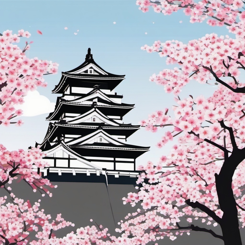 Himeji Castle Cherry Blossoms sticker- White castle surrounded by cherry blossoms in Japan, , sticker vector art, minimalist design