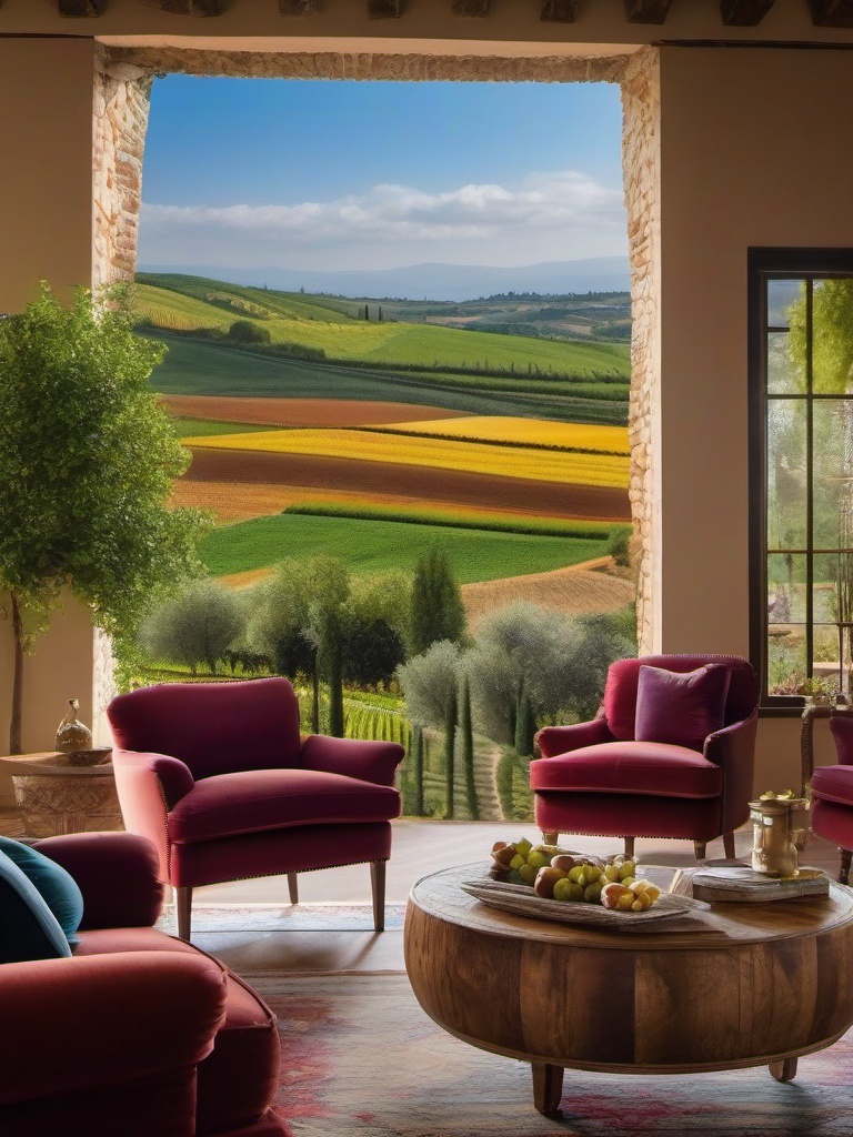 Tuscan Countryside Escape - Transport your living room to the charming Tuscan countryside. , living room decor ideas, multicoloured, photo realistic, hyper detail, high resolution,