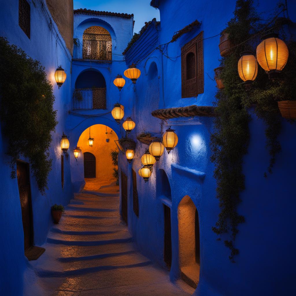 chefchaouen, morocco - imagine the blue city of chefchaouen bathed in the soft glow of lanterns, creating an enchanting atmosphere. 