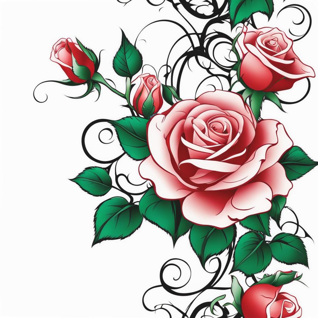 Rose vine tattoo, Tattoos featuring vines adorned with roses.  color, tattoo patterns, white clean background