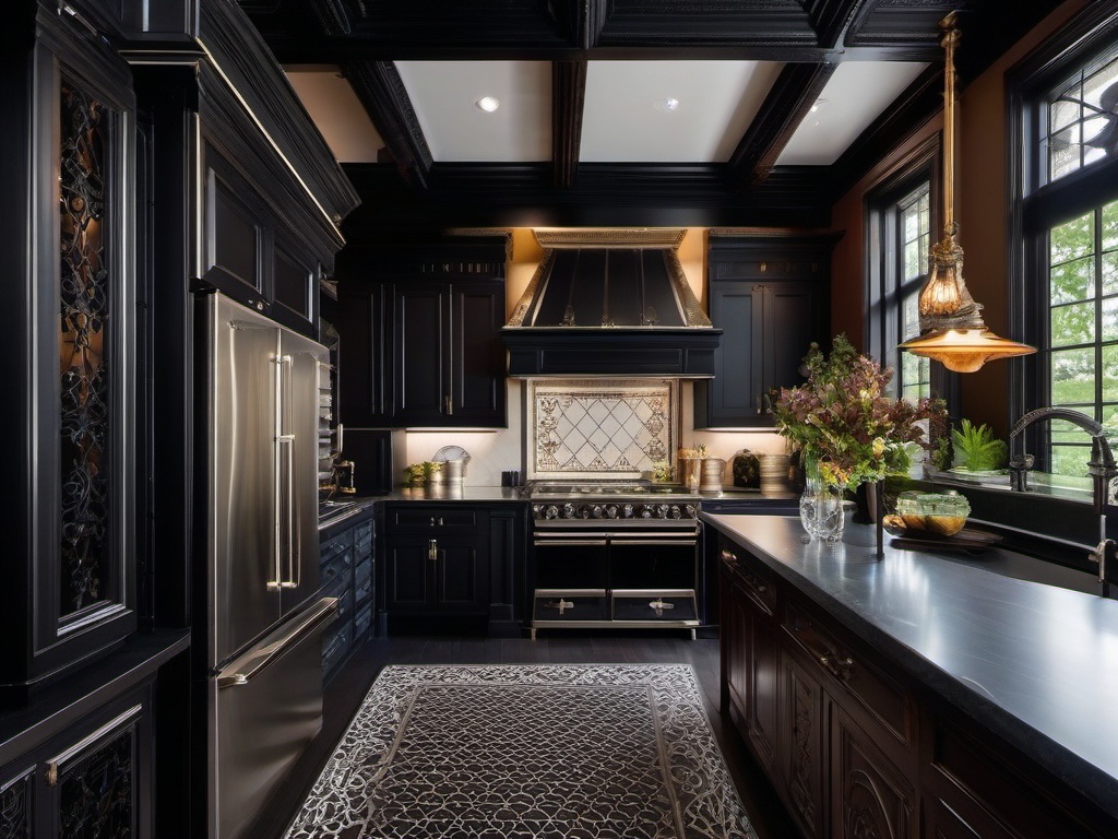 In the kitchen, Gothic interior design includes dark cabinetry, wrought iron accents, and intricate tilework that transforms the space into a striking culinary haven with historical charm.  