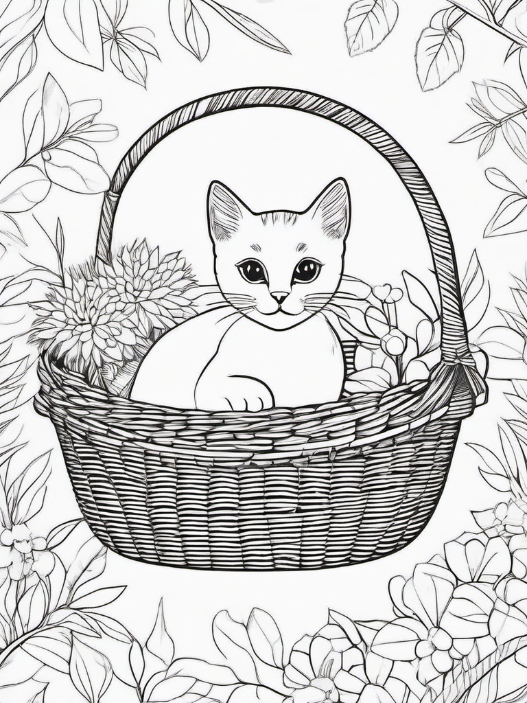 Kitty in a Basket Coloring Pages - Cozy Kitten Resting in a Basket  minimal black outline printable sheet, coloring page