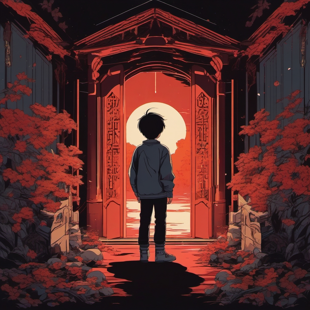 1990 Retro Anime Boy - Confronts inner demons in a haunting shrine.  clipart style