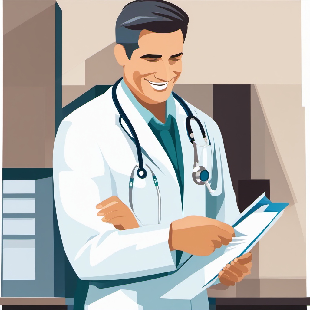 Doctor clipart - doctor in a white coat smiling at a patient  