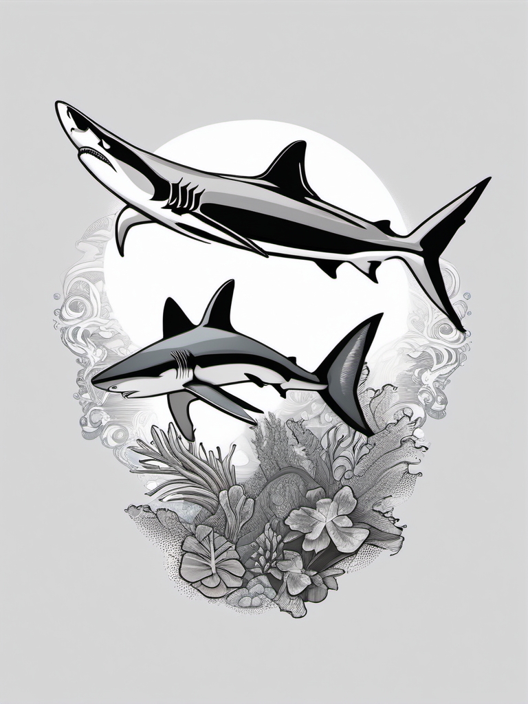 Gray Reef Shark tattoo,A Gray Reef Shark patrolling the reef, capturing the essence of oceanic guardianship.  color tattoo style, minimalist, white background