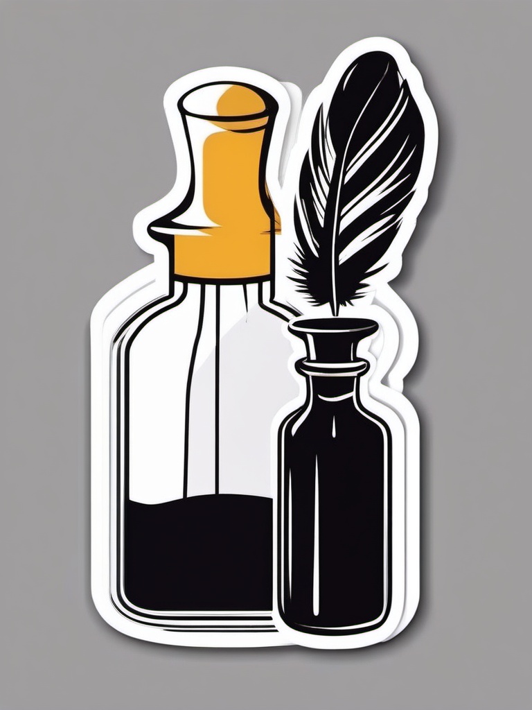 Feather and Ink Bottle Sticker - Quill feather next to an ink bottle, ,vector color sticker art,minimal