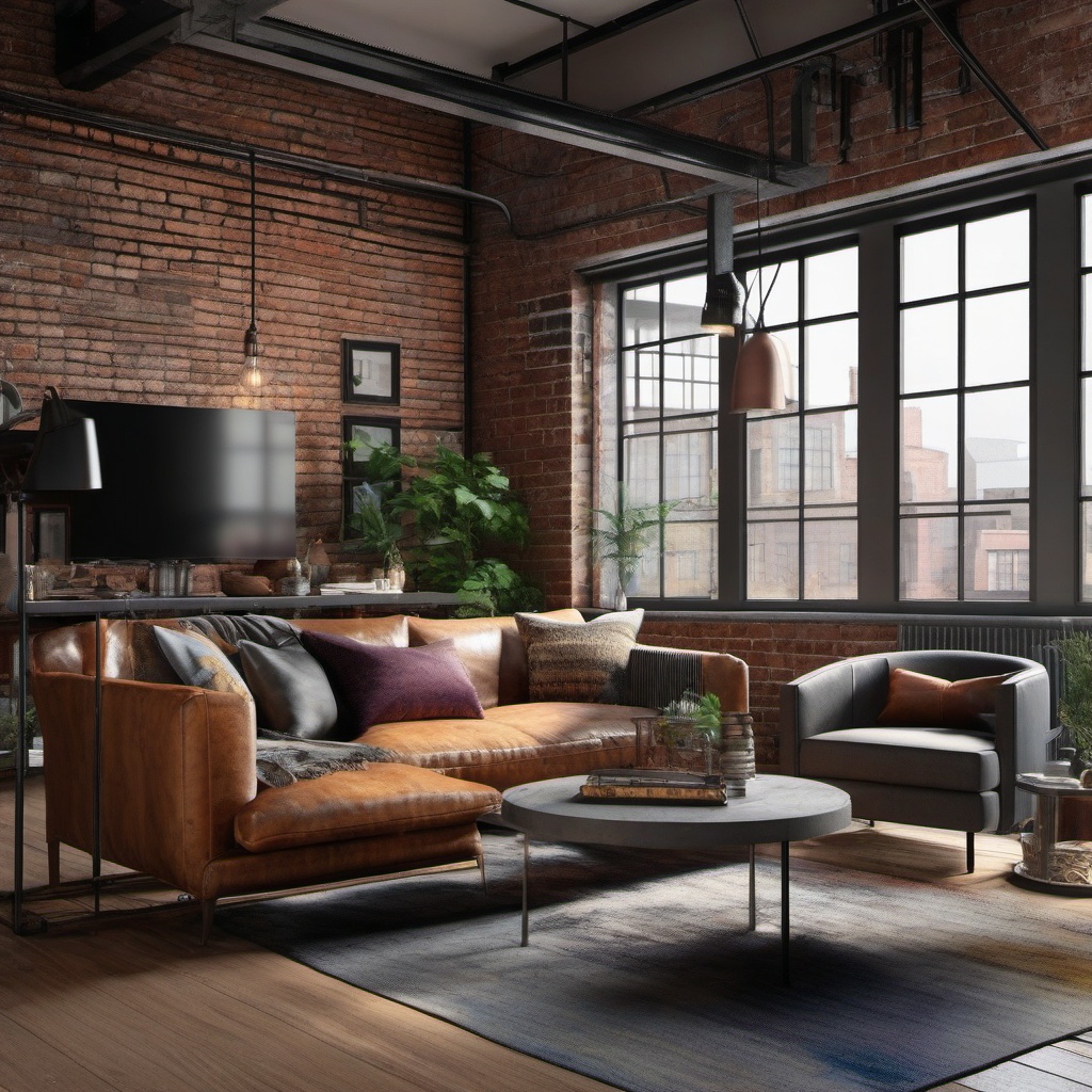 Industrial Loft Vibes - Design a living room with industrial elements like exposed brick and metal. , living room decor ideas, multicoloured, photo realistic, hyper detail, high resolution,