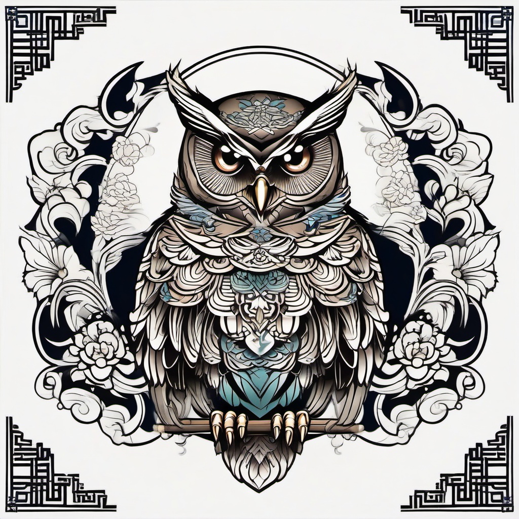 Japanese Owl Tattoo - Embrace Japanese artistry with a tattoo featuring an owl in a Japanese style.  simple color tattoo,vector style,white background