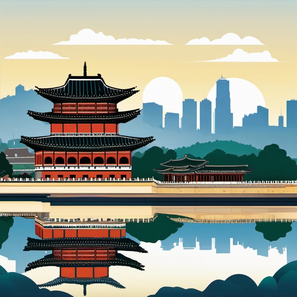 Seoul clipart - Gyeongbokgung Palace and Seoul skyline,  color vector clipart