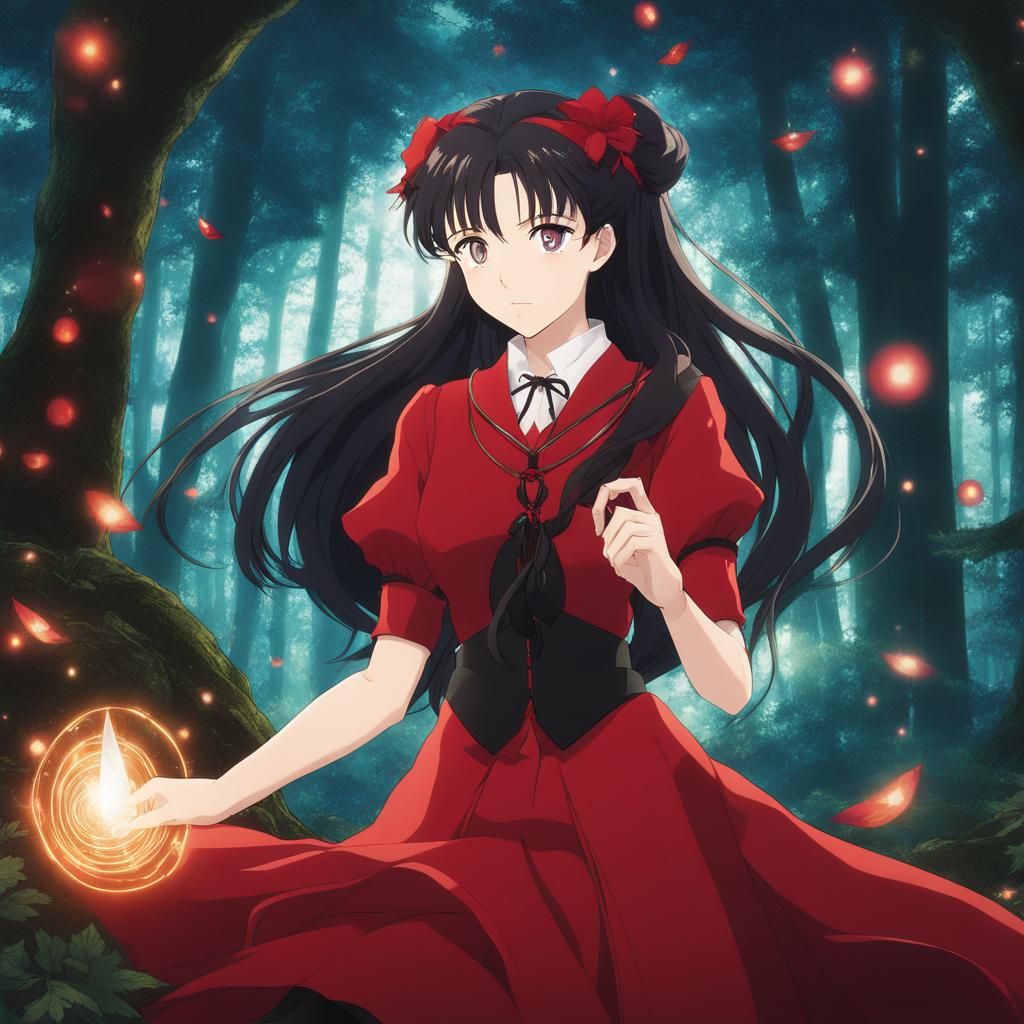 rin tohsaka incants spells in a mystical forest, surrounded by swirling magic circles. 