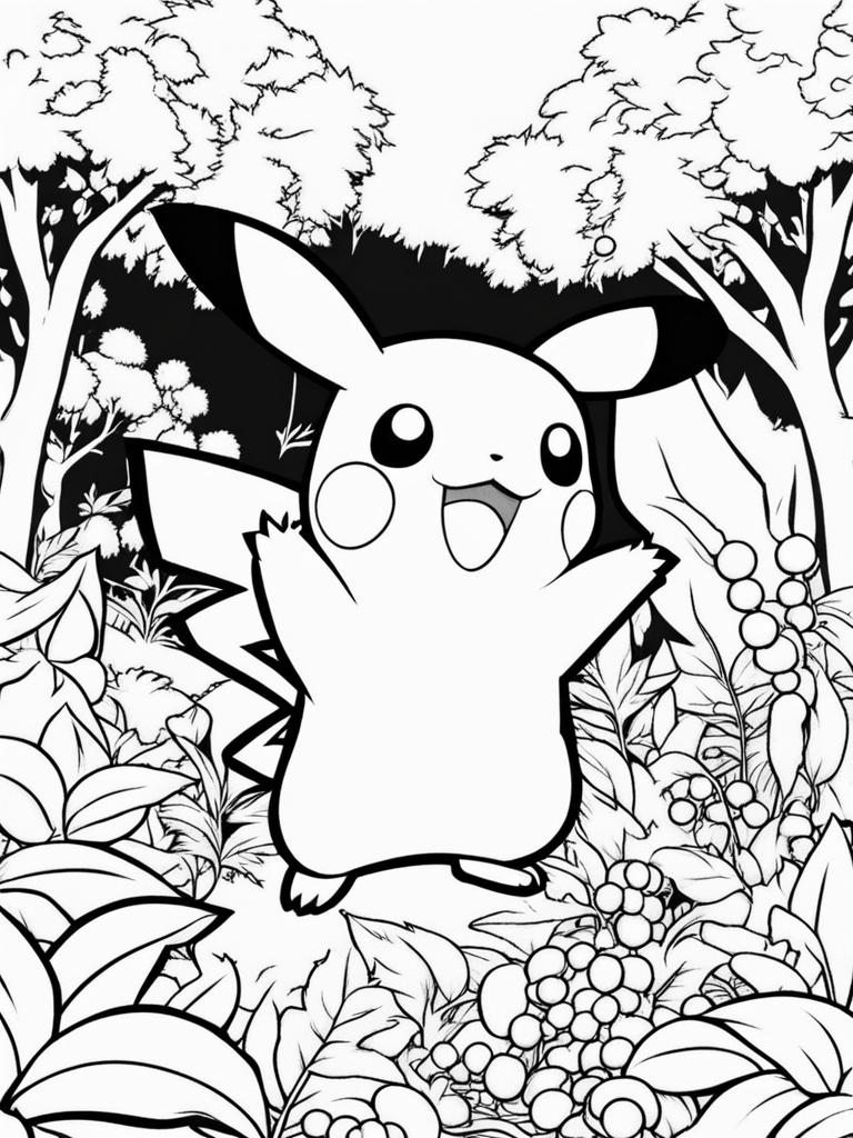 pokemon coloring pages - pikachu and friends explore a lush forest filled with berries. 