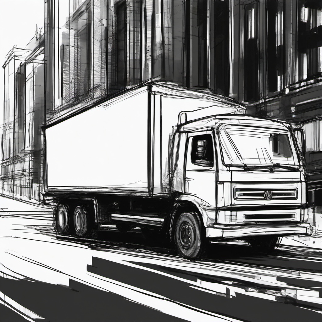 drawing of a truck in a city  minimal rough sketch scribbles,doodles,black and white