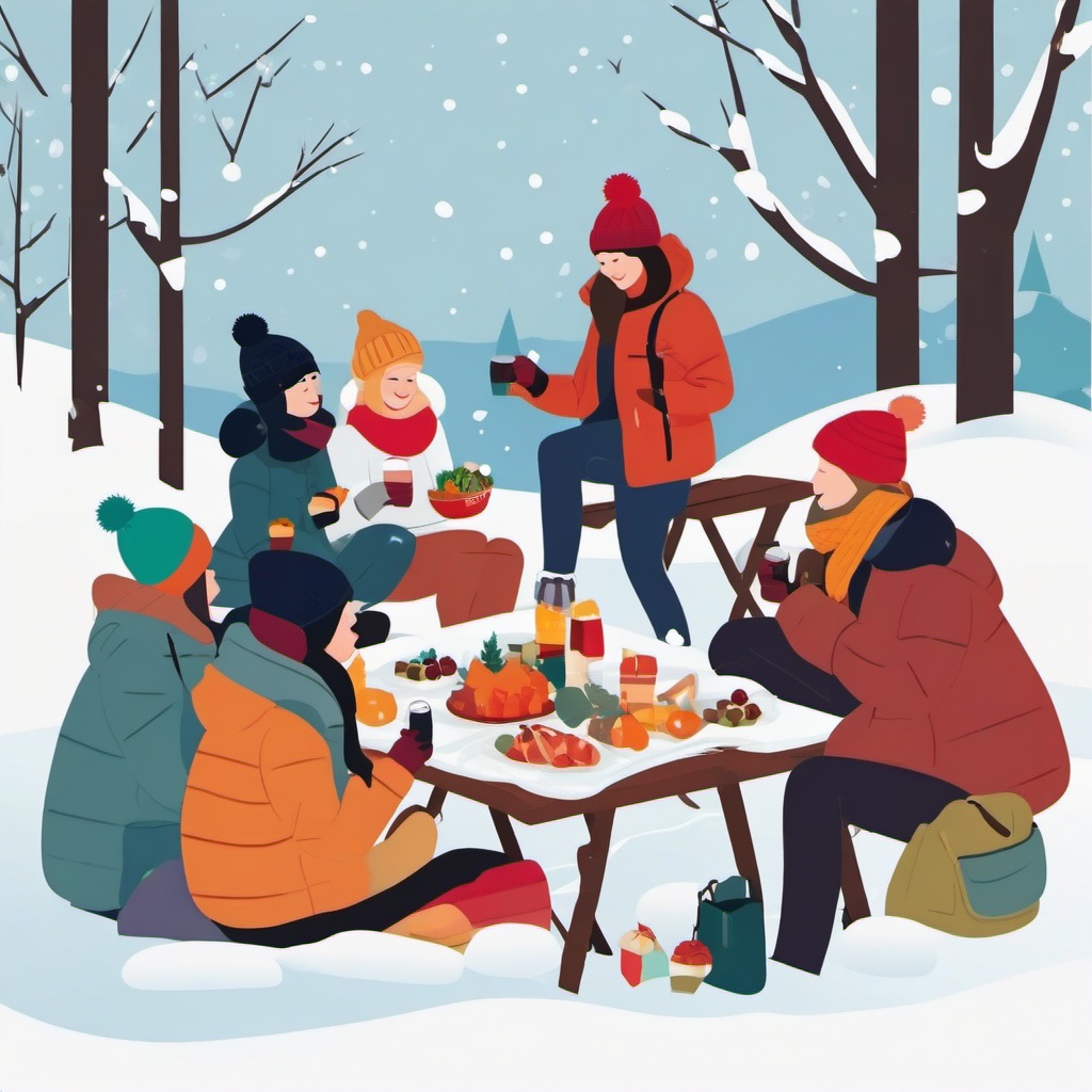 Winter Picnic Fun clipart - Friends having a snowy picnic, ,vector color clipart,minimal