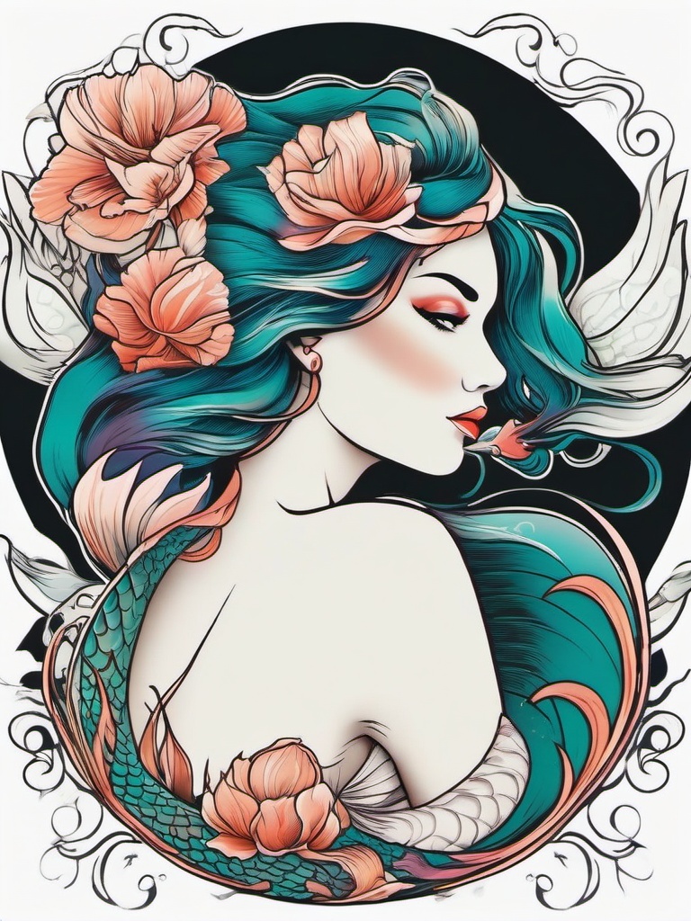 Neo Traditional Mermaid Tattoo - Infuse contemporary aesthetics with traditional elements in a neo-traditional mermaid tattoo.  simple vector color tattoo,minimal,white background