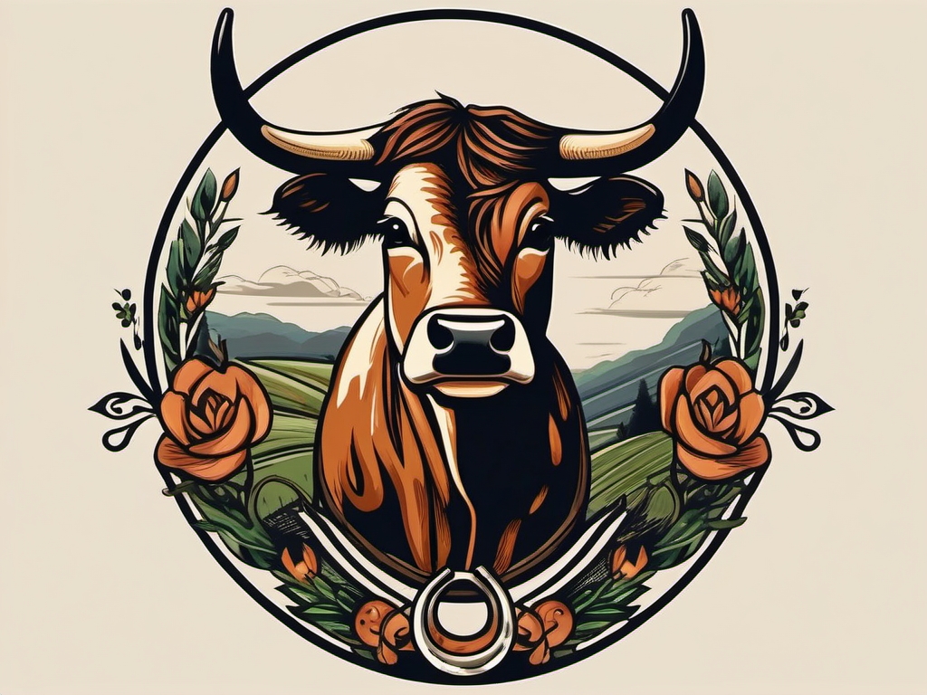 Cow and horseshoe tattoo: Symbol of luck, rural and rustic vibes.  simple color tattoo style