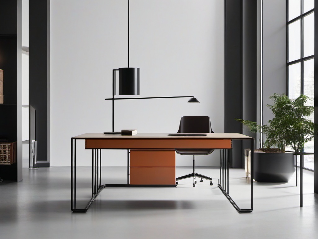 Bauhaus office is a study in functional minimalism with its sleek steel furniture, geometric design elements, and emphasis on clean, practical aesthetics for modern living.  